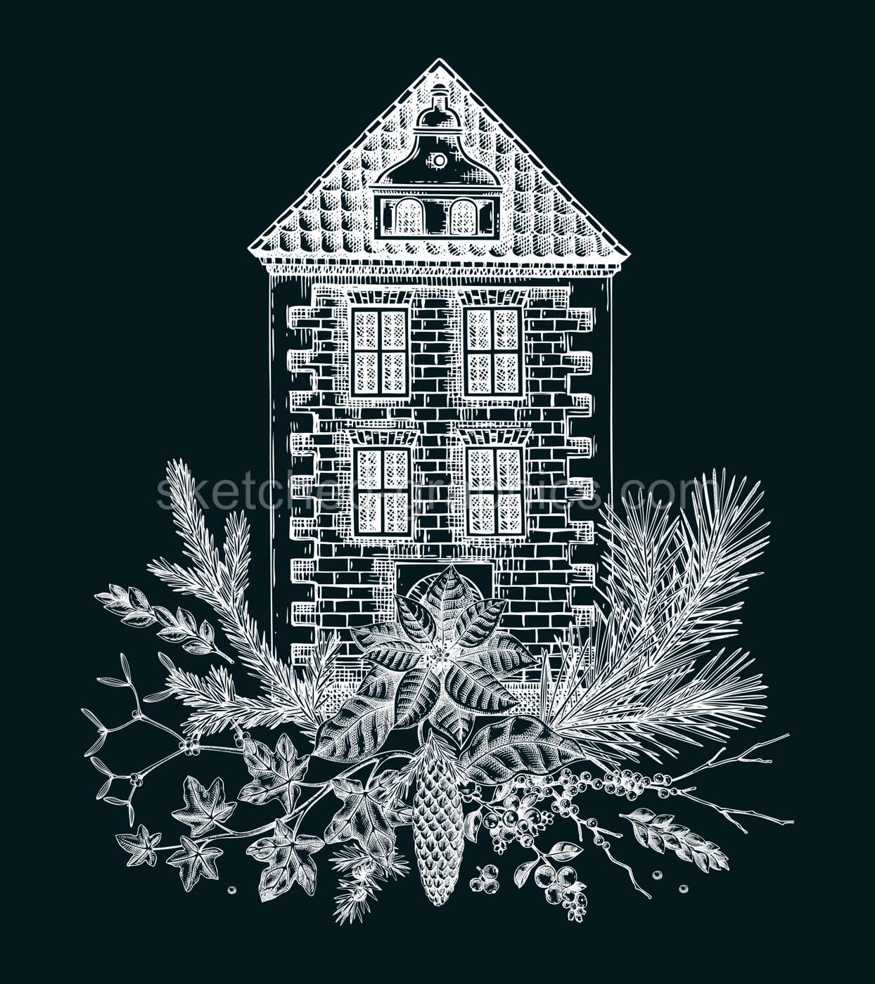 Vintage Christmas card design. European architecture sketch. Old brick house drawing on chalkboard. Winter trees hand-drawn vector illustration. NOT AI generated Illustration